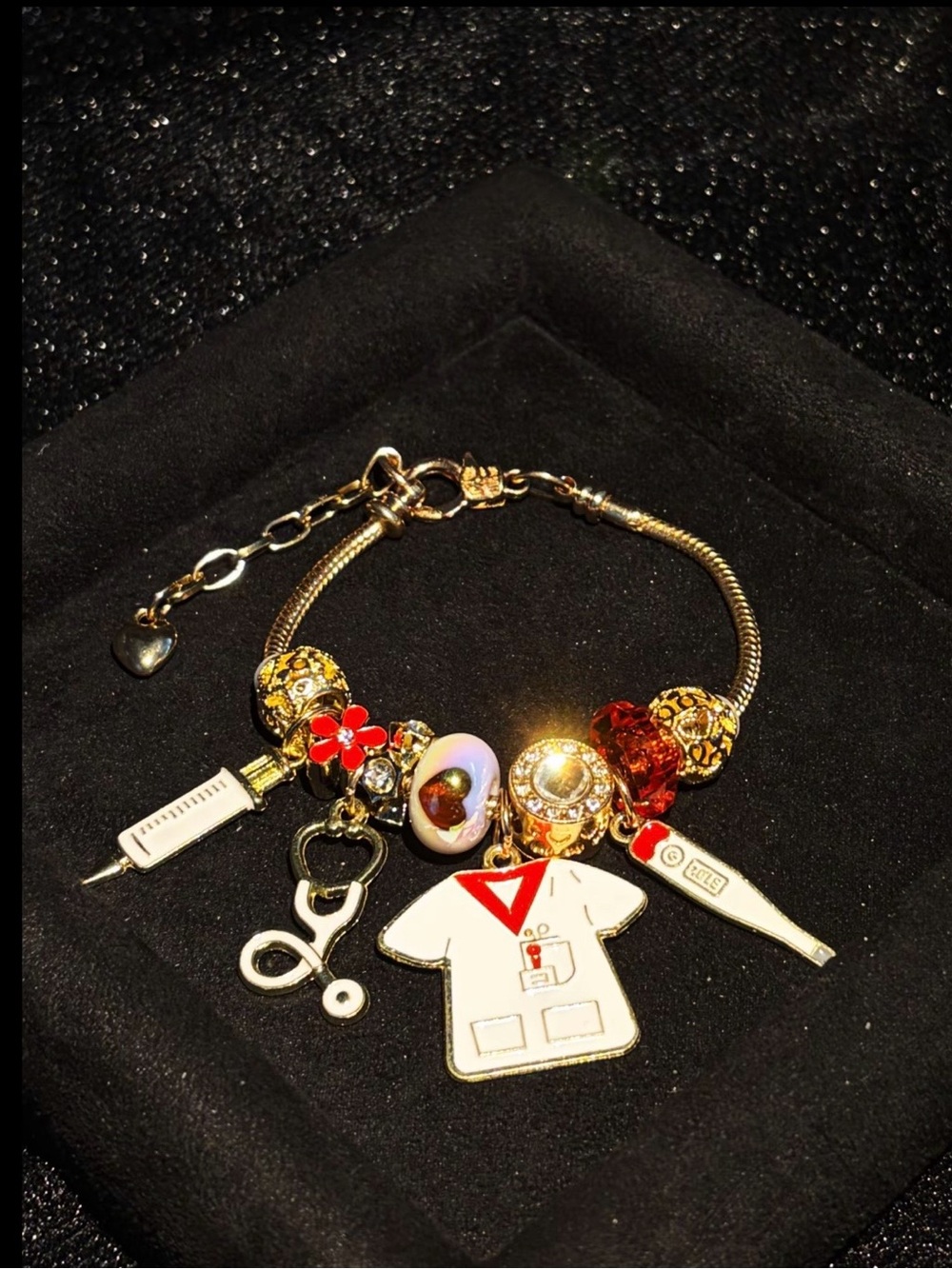 Gold-Tone Nurse Charm Bracelet with White and Red Accents